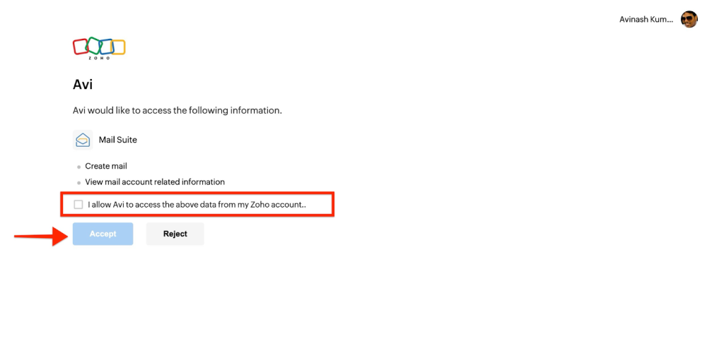 Zoho Mail check the consent box, then Accept.