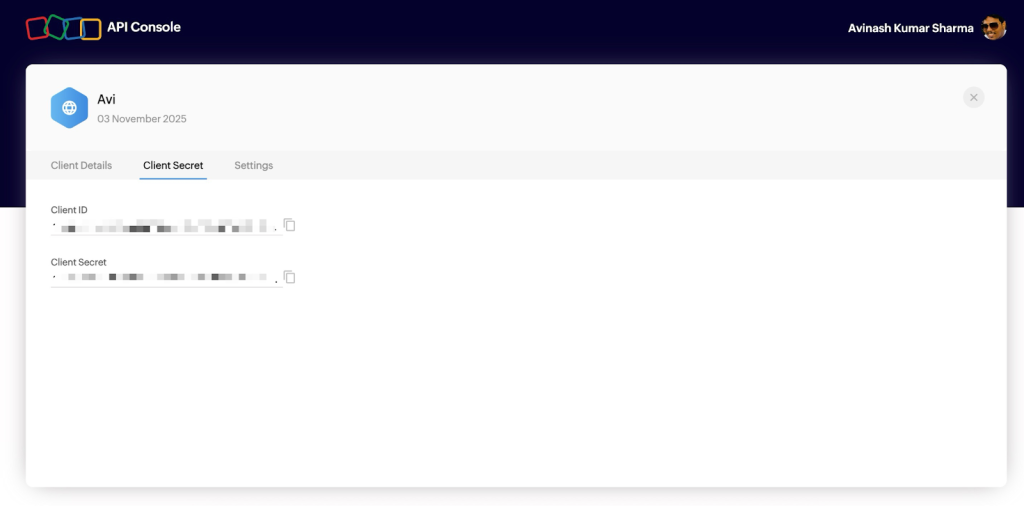 Zoho Mail copy Client ID and Client Secret