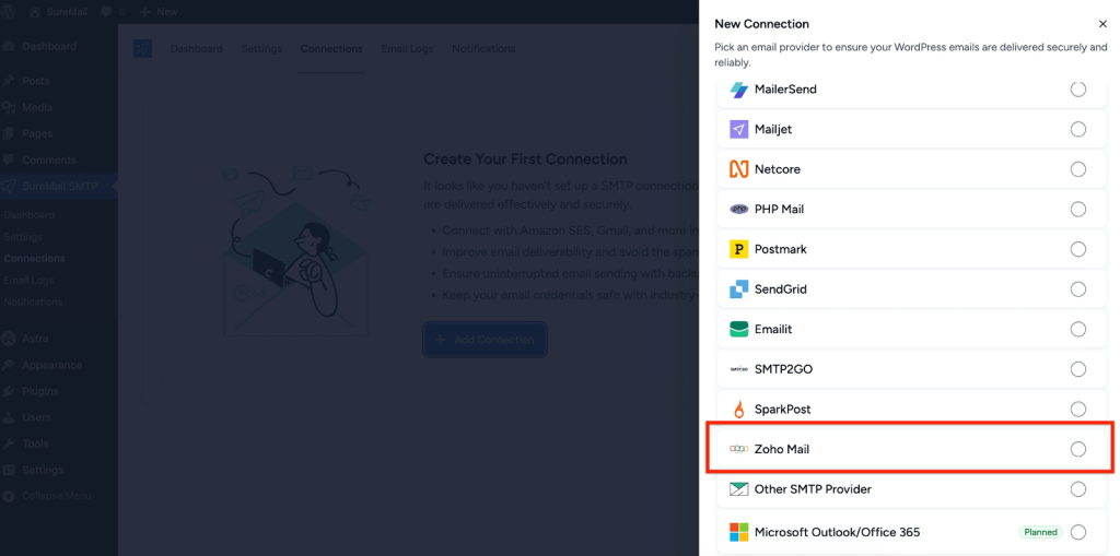 Zoho Mail A sidebar menu will slide in from the right.