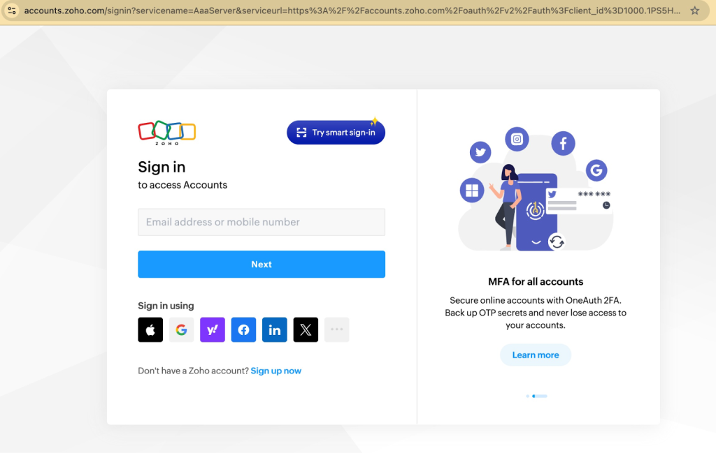 Zoho Mail sign in for Zoho Authentication.