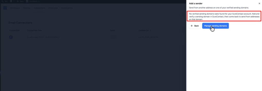 Connecting SureContact Inside SureMail email connections interface with domain verification alert (1)