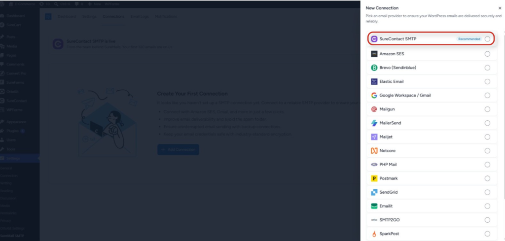 Connecting SureContact Inside SureMail selection of email providers for smtp connection