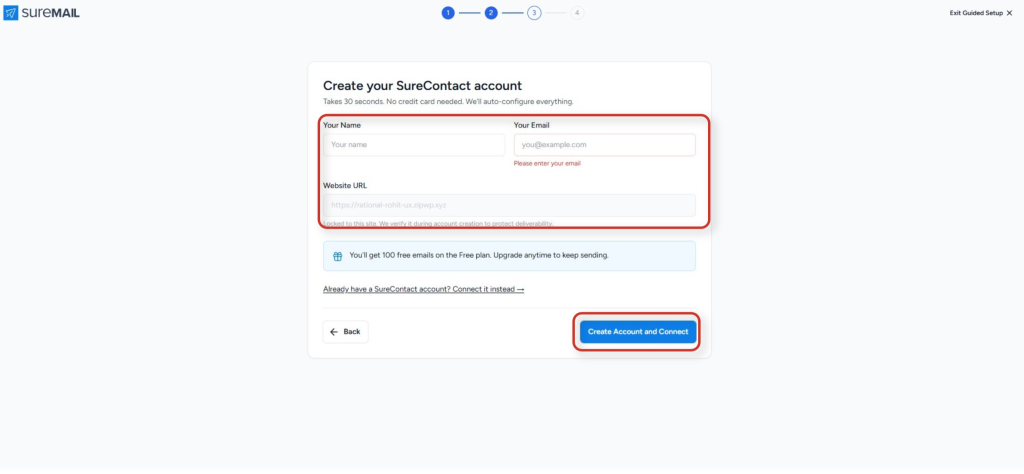Connecting SureContact Inside SureMail surecontact account creation form