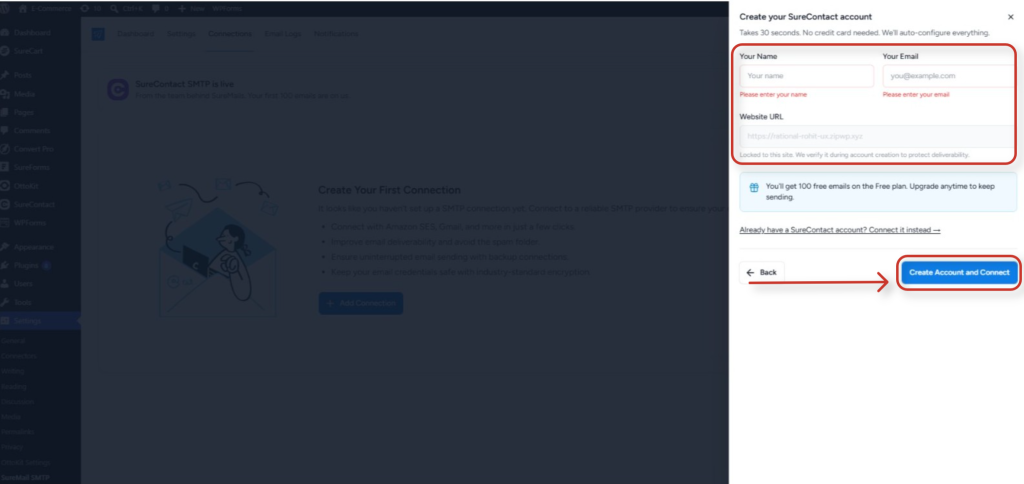 Connecting SureContact Inside SureMail surecontact account creation screen on wordpress dashboard