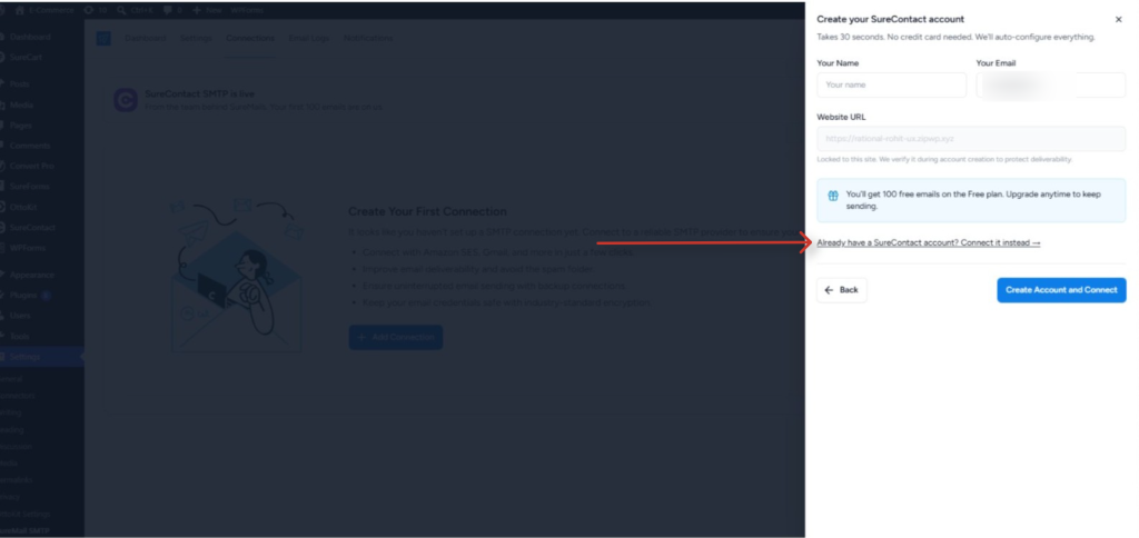 Connecting SureContact Inside SureMail surecontact account creation and connection interface