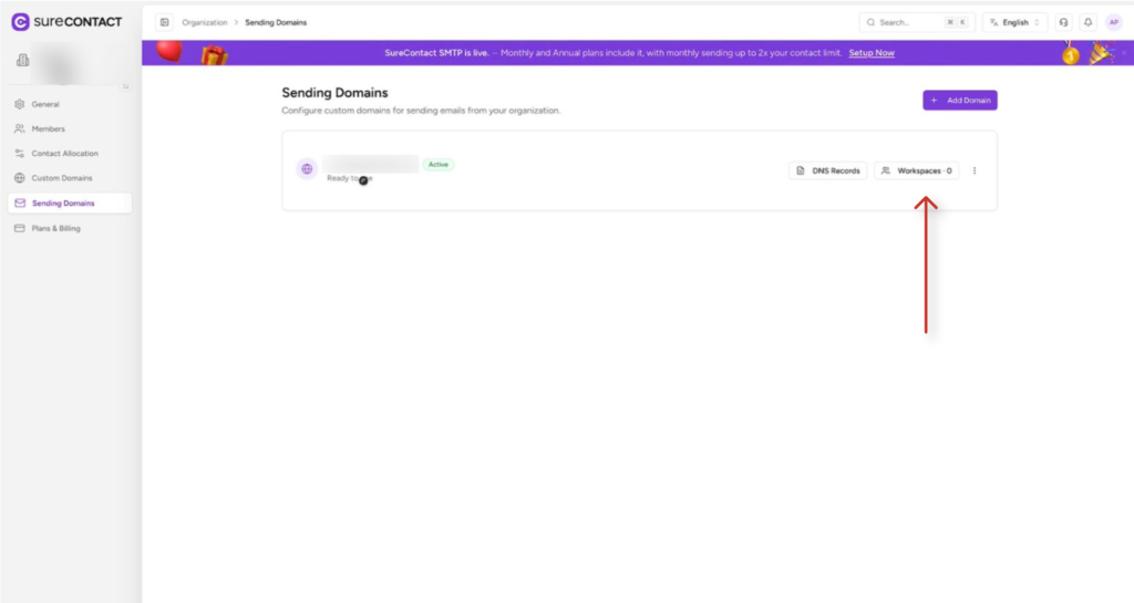 Connecting SureContact Inside SureMail surecontact sending domains dashboard management interface