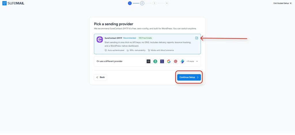 Connecting SureContact Inside SureMail suremail guided setup sending provider selection