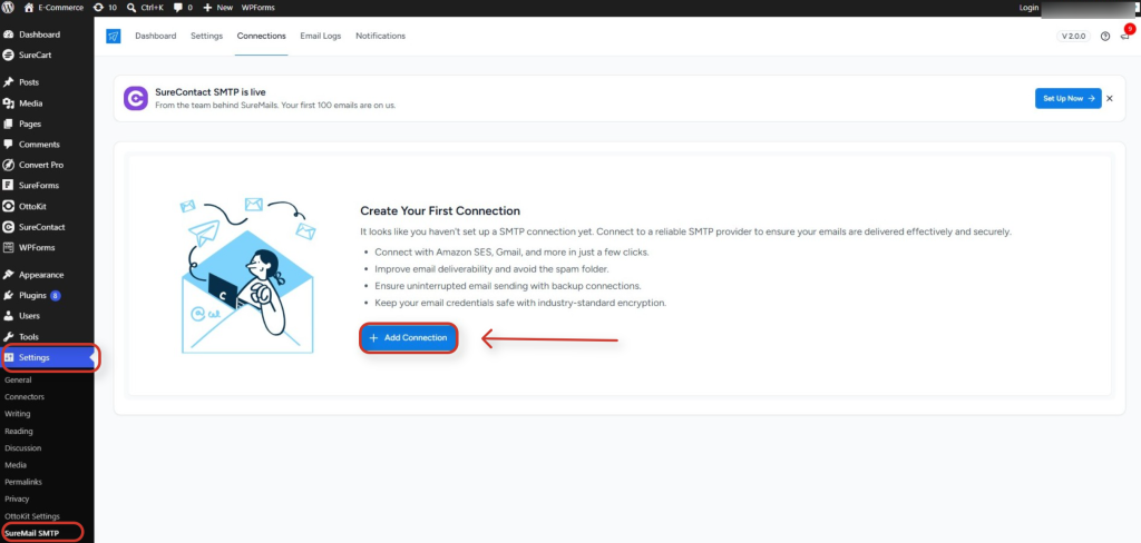 Connecting SureContact Inside SureMail suremail smtp connection setup dashboard