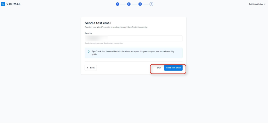 Connecting SureContact Inside SureMail suremail send a test email guided setup page