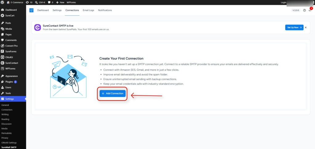 Connecting SureContact Inside SureMail wordpress dashboard smtp connection setup screen