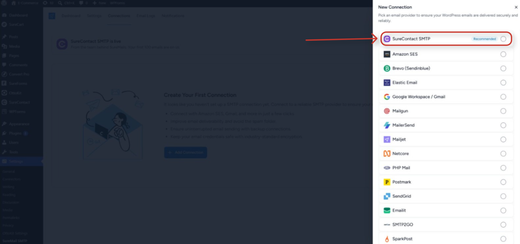 Connecting SureContact Inside SureMail wordpress plugin email provider connection menu