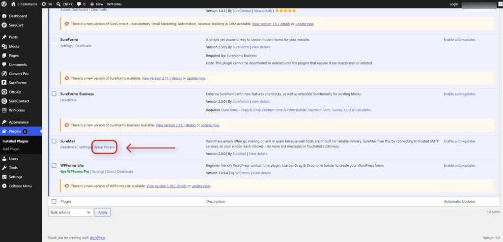 Connecting SureContact Inside SureMail wordpress plugins management dashboard page